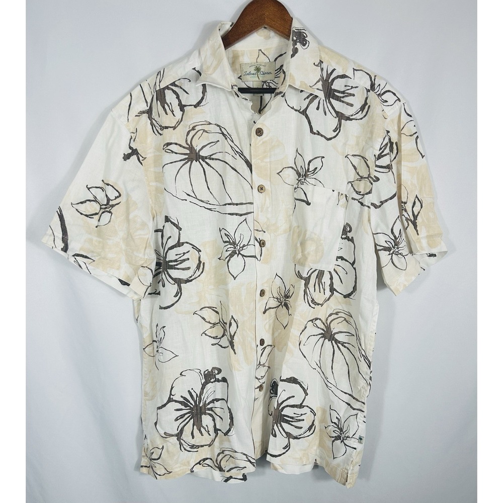 Island Shore Mens Linen Blend Tropical Shirt Size L Brown Island Vacation Resort